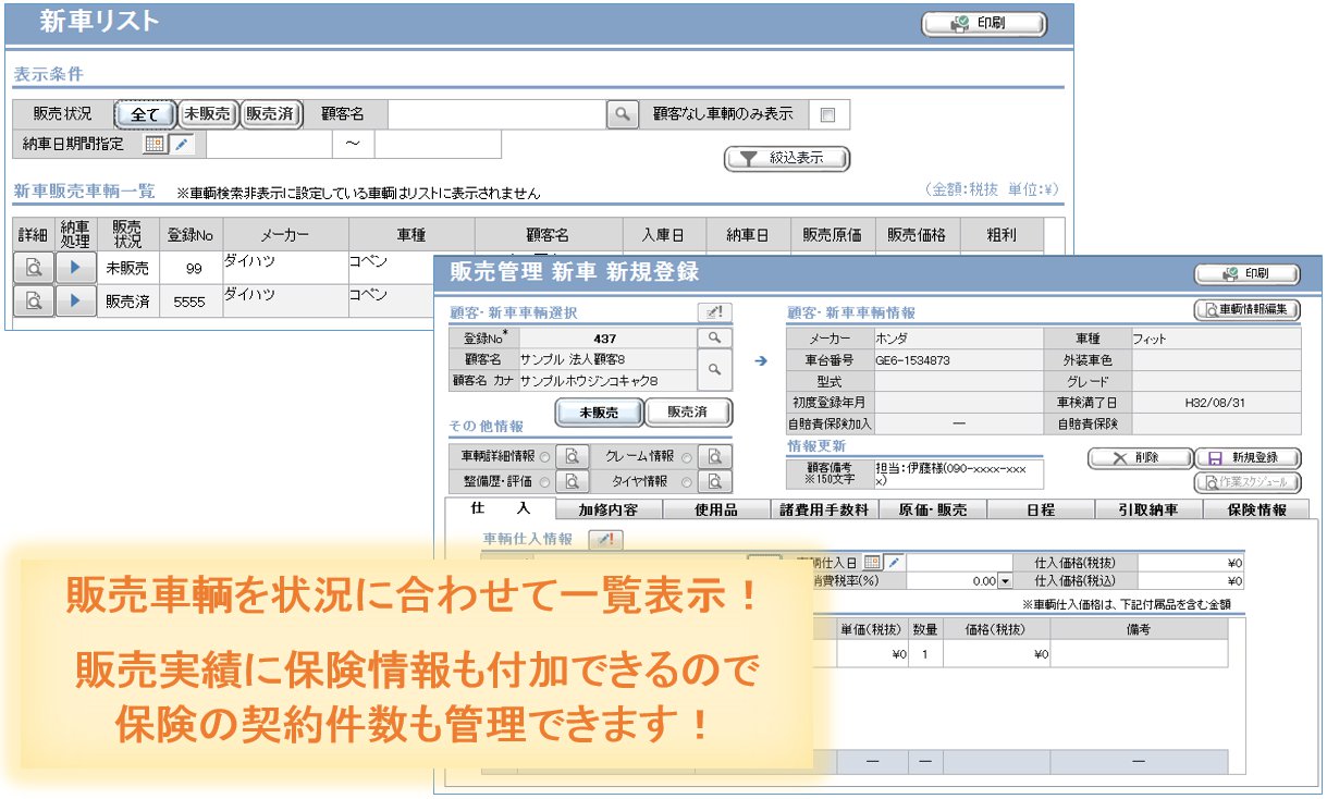 販売車輌を状況に合わせて一覧表示！販売実績に保険情報も付加できるので保険の契約件数も管理できます！