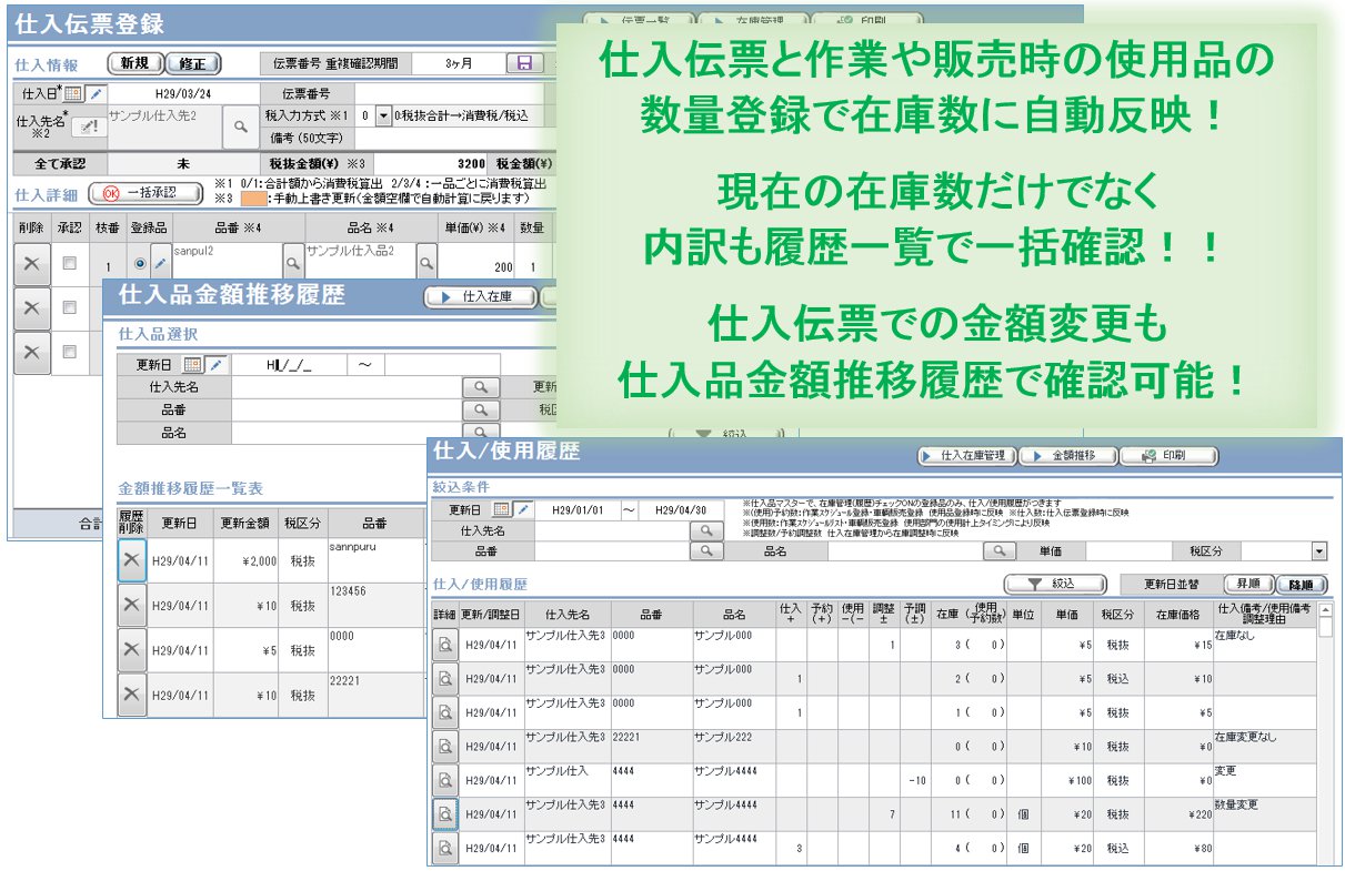仕入伝票と作業や販売時の使用品の数量登録で在庫数に自動反映！現在の在庫数だけでなく内訳も履歴一覧で一括確認！！仕入伝票での金額変更も仕入品金額推移履歴で確認可能！